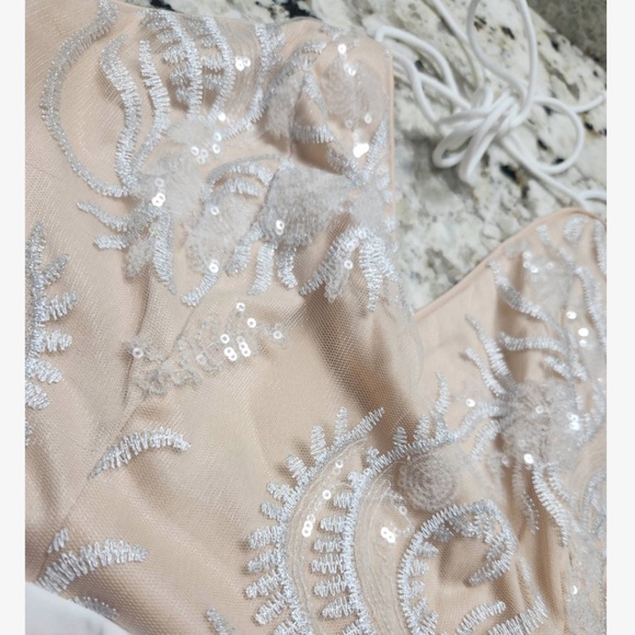 Sequin Detail Jumpsuit Cream + White Flare Wide Leg V-Neck Backless - Picture 8 of 9